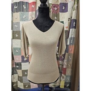 Say What Sweater Womens Medium Beige Metallic V Neck Short Sleeve Pullover Top